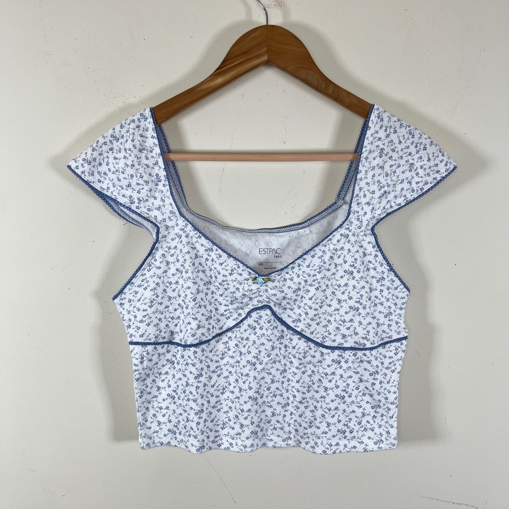 Pacsun Dainty Floral Pointelle Crop Top Cap Sleeves Blue Coquette Cottage Large